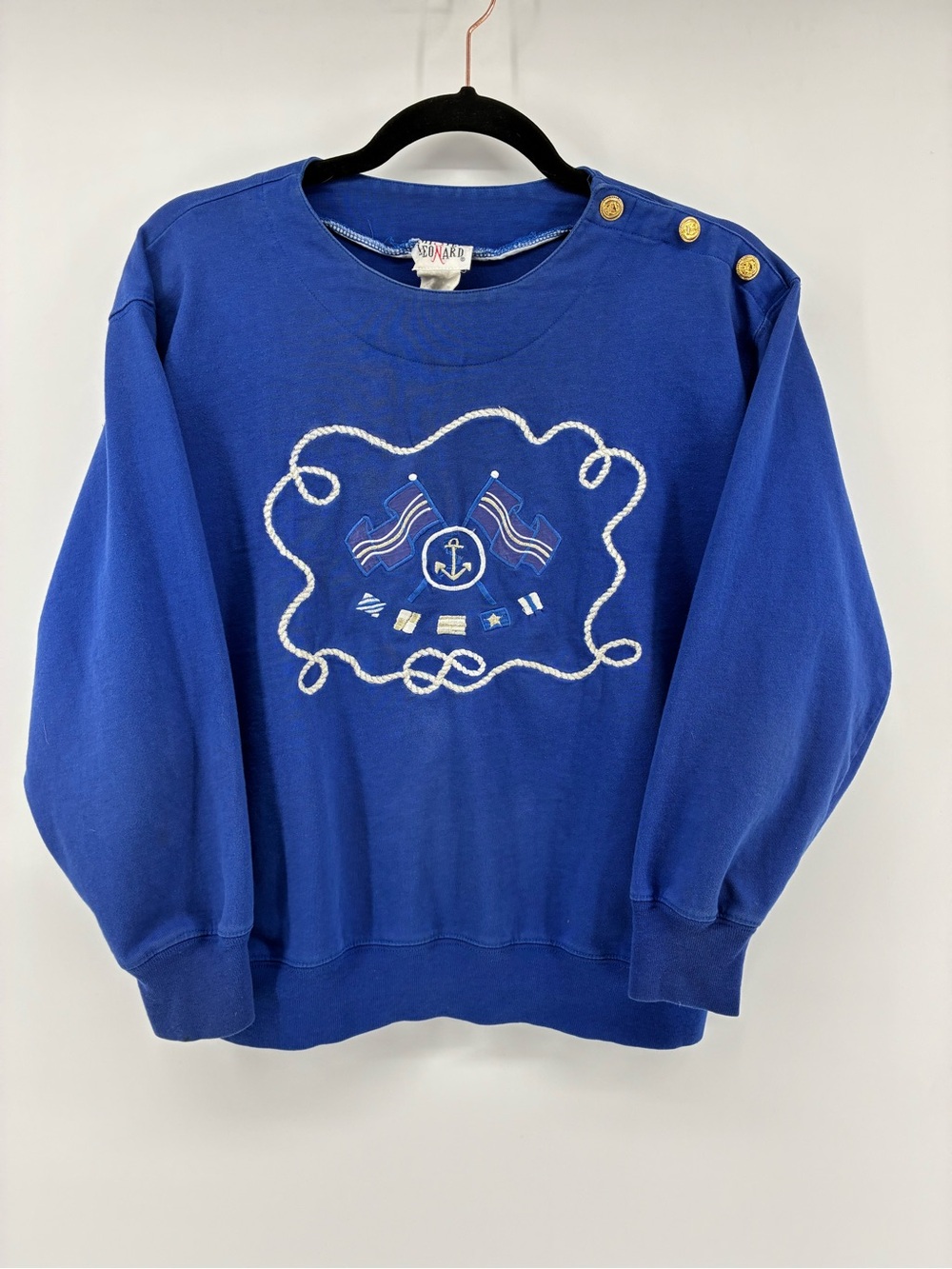 Vintage Blue Nautical Crewneck Sweater with Gold Buttons
